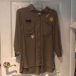 Olive green loose button up with patches